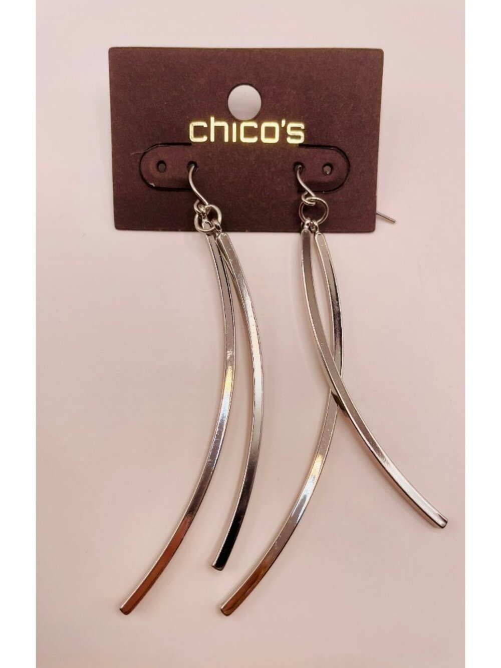 New Chico's Silver-Tone Long Curved Drop Earrings Modern Minimalist -27B